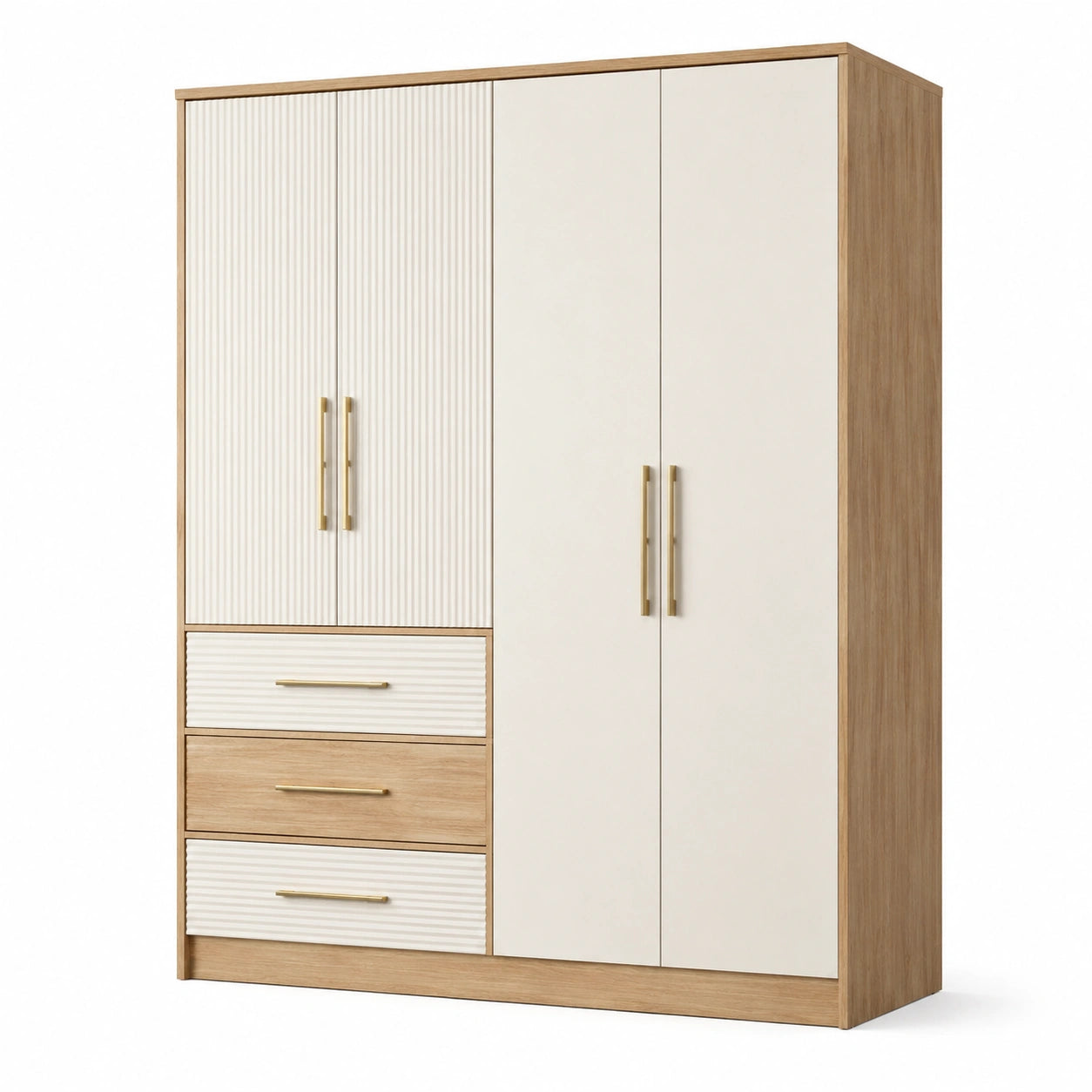 Armoire 3 portes bois et mélamine chêne clair et blanc