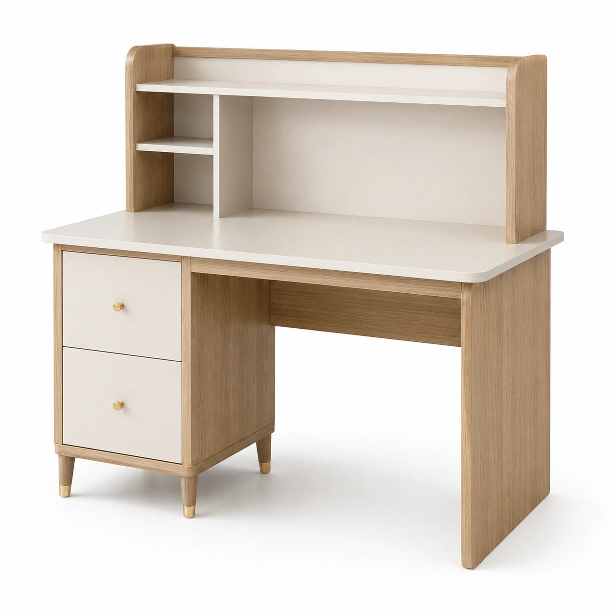 Bureau en bois de chêne et mélaminé blanc avec étagères