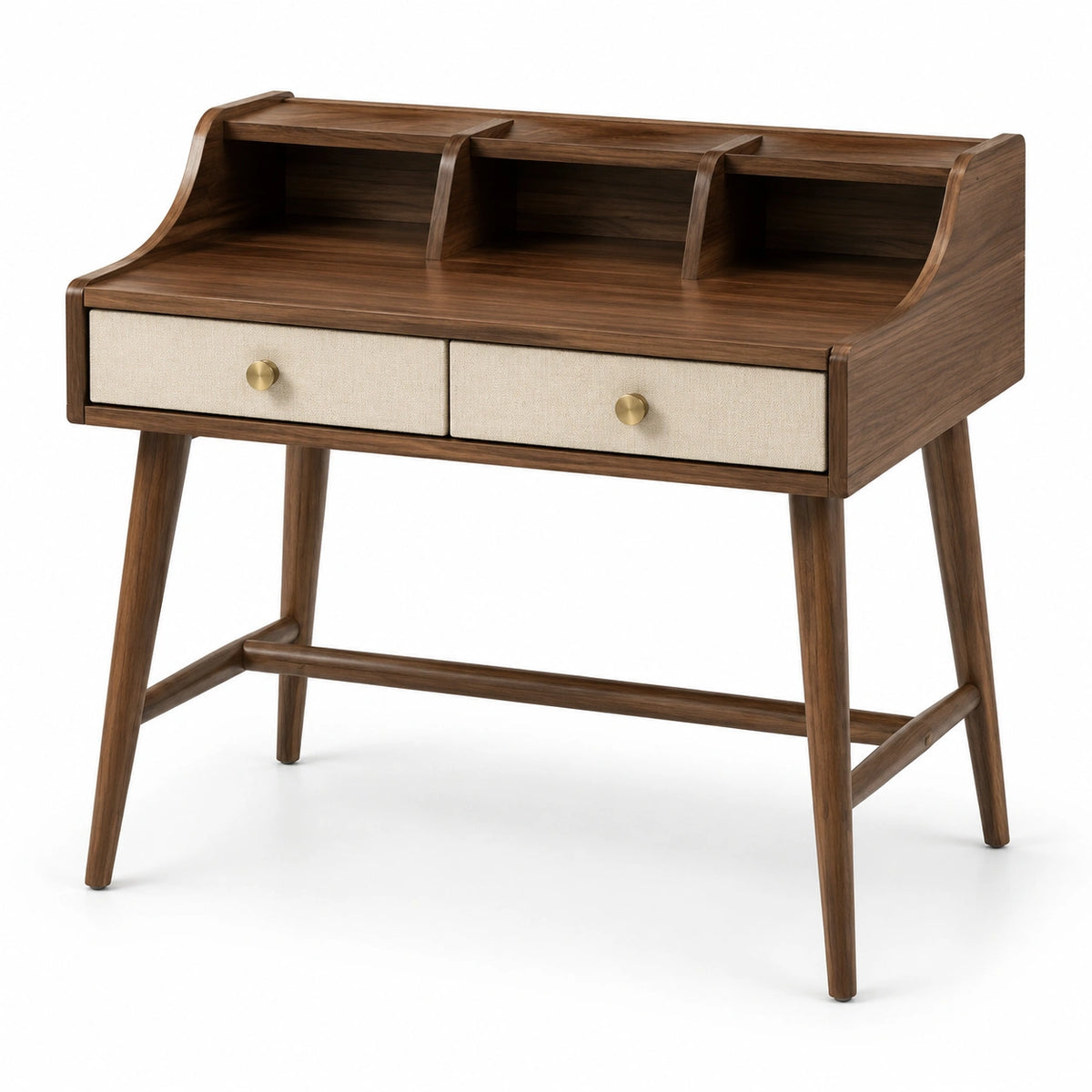 Bureau en bois de noyer avec tiroirs en lin beige