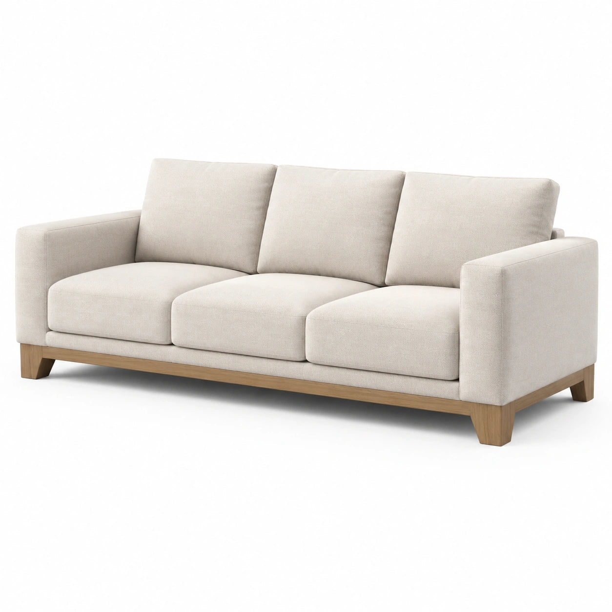 Canapé 3 places en tissu polyester avec pieds en bois de chêne clair