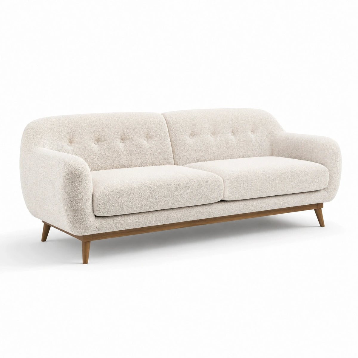 Canapé trois places en bois et tissu bouclette beige