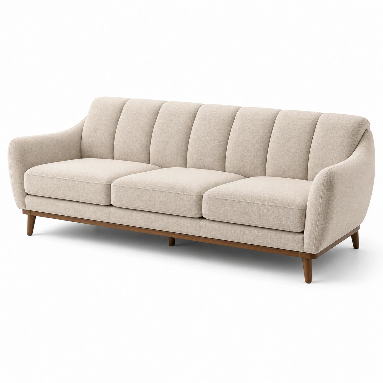 Canapé trois places en tissu polyester beige avec pieds en bois