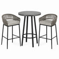 Ensemble table et tabourets en métal noir et corde grise avec coussins en tissu beige