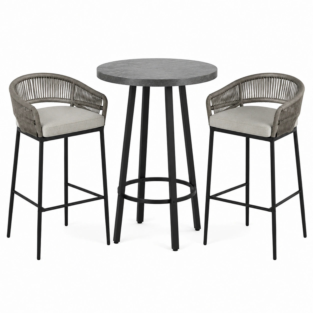 Ensemble table et tabourets en métal noir et corde grise avec coussins en tissu beige
