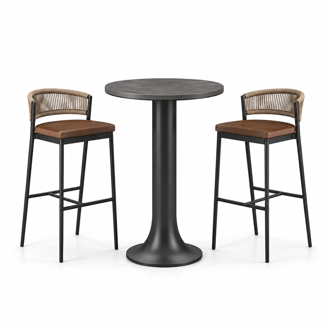 Ensemble de table en métal avec tabourets en cuir et rotin