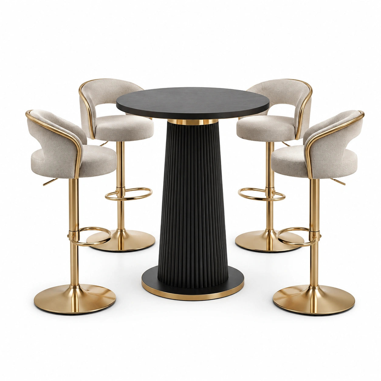 Ensemble table ronde en bois MDF noir avec tabourets dorés et tissu beige