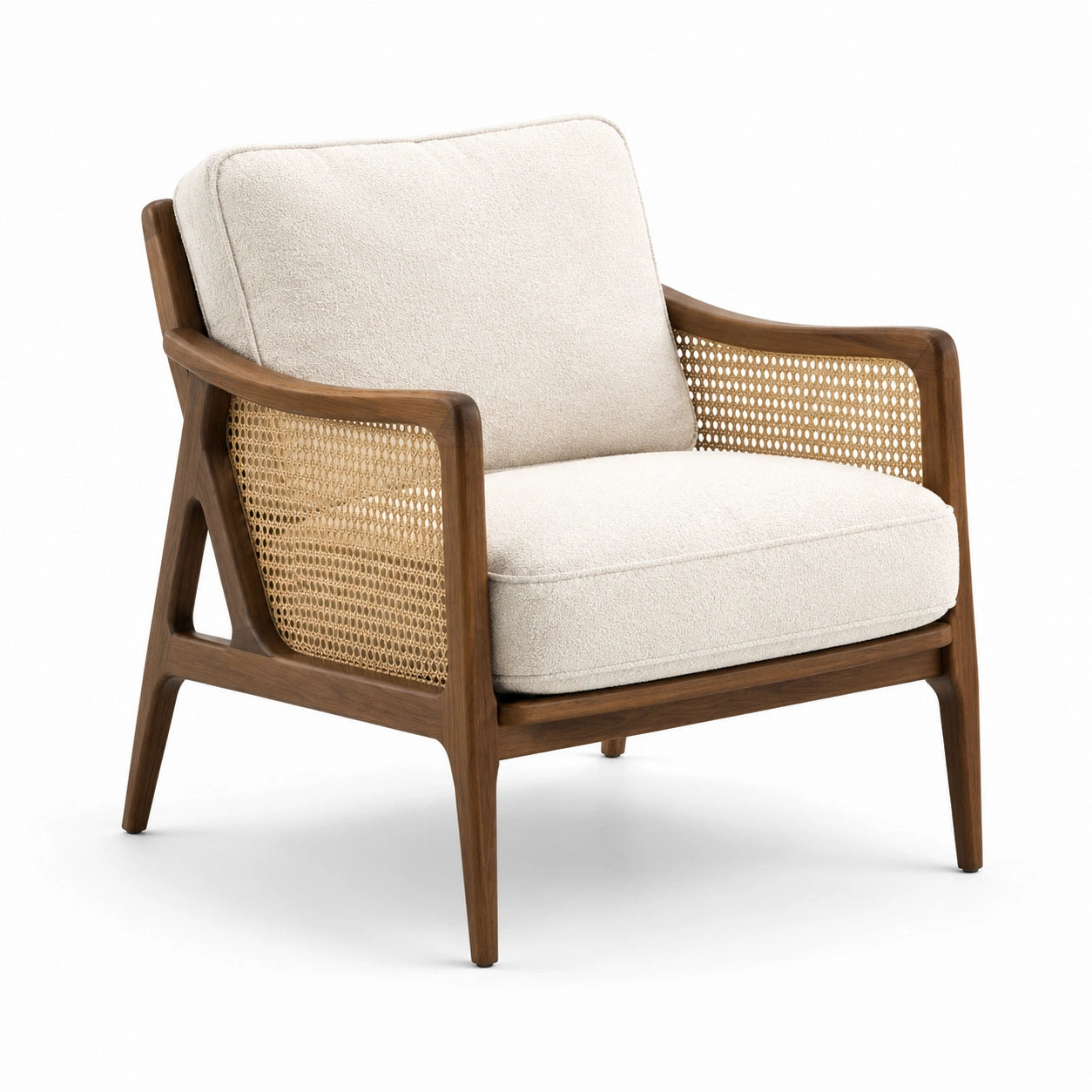 Fauteuil en bois avec accoudoirs en rotin et coussins en polyester beige