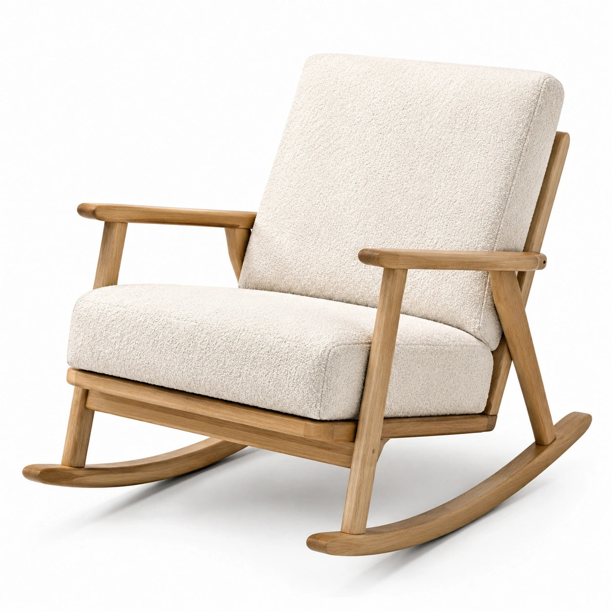 Chaise berçante en bois et tissu bouclé crème