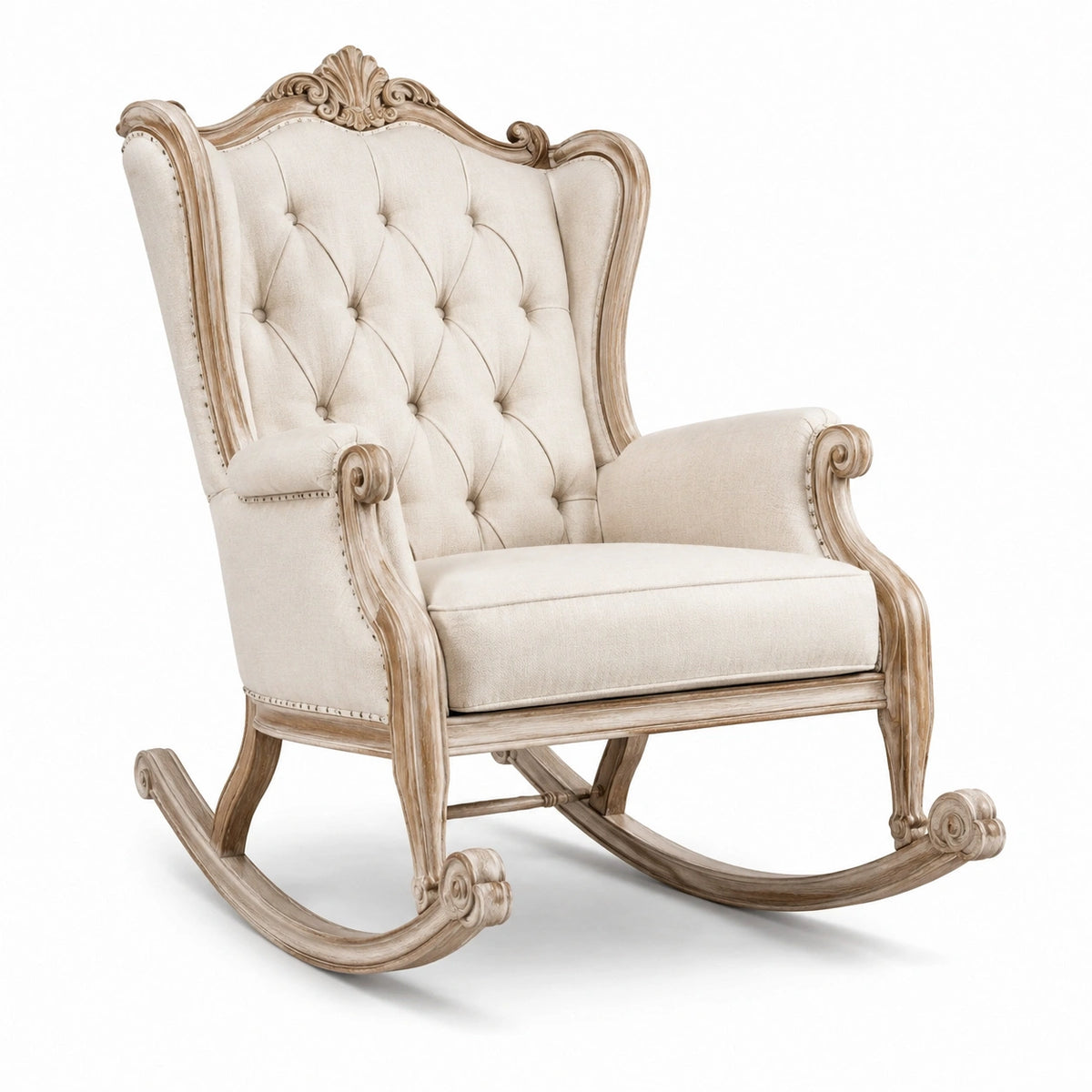 Fauteuil à bascule en bois et lin beige