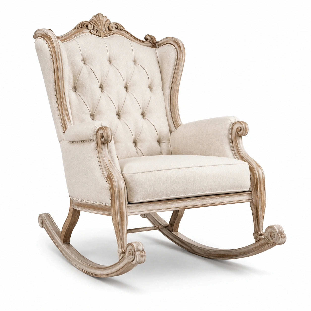 Fauteuil à bascule en bois et lin beige