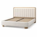 Lit double en bois et tissu beige avec tête de lit rembourrée