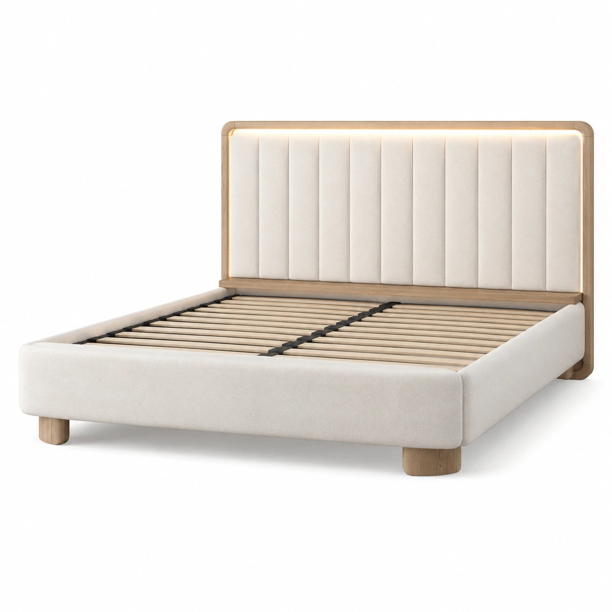 Lit double en bois et tissu beige avec tête de lit rembourrée
