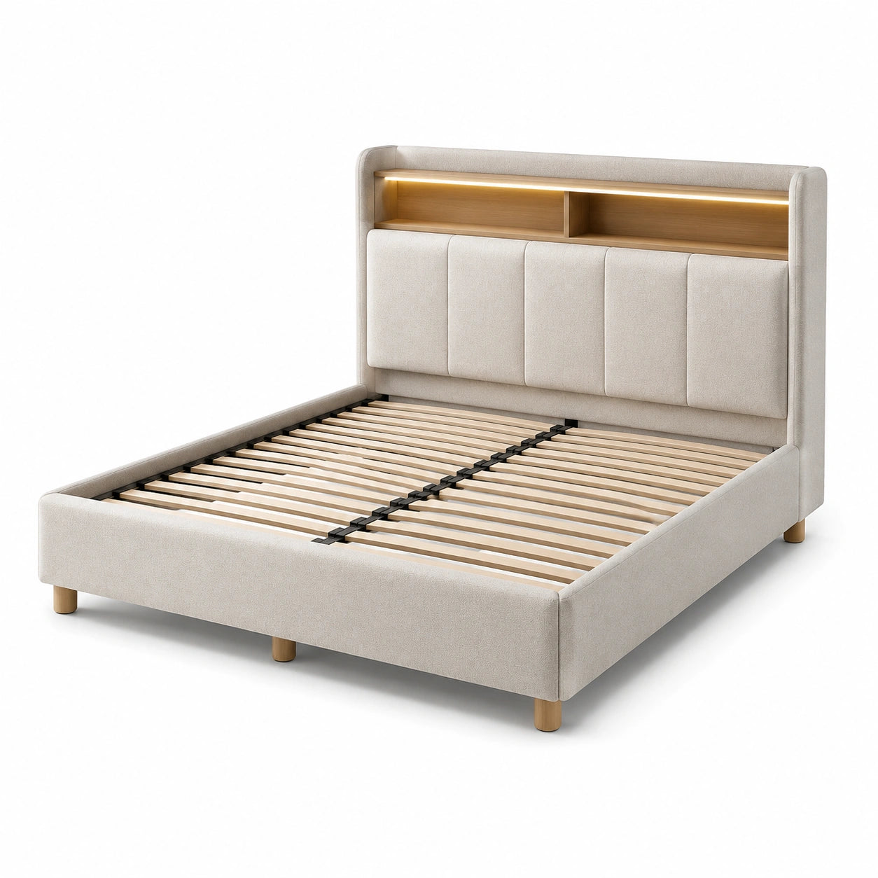 Lit double en bois avec étagère intégrée et revêtement en tissu beige