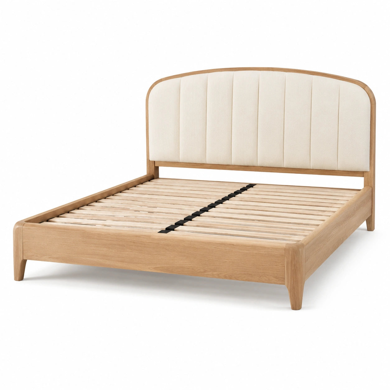 Lit double en bois avec tête de lit en tissu chêne clair/beige 140x200 cm